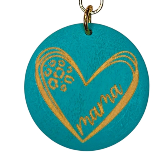 Teal & Gold Mama Heart Wooden Pendant Keychain / Bag Charm - Picture 2 of 3